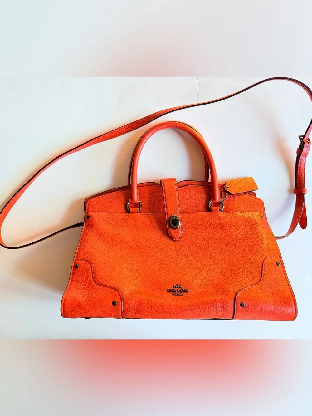 Coach Mercer Red/Orange Pebbled Leather Satchel 2 way handbag